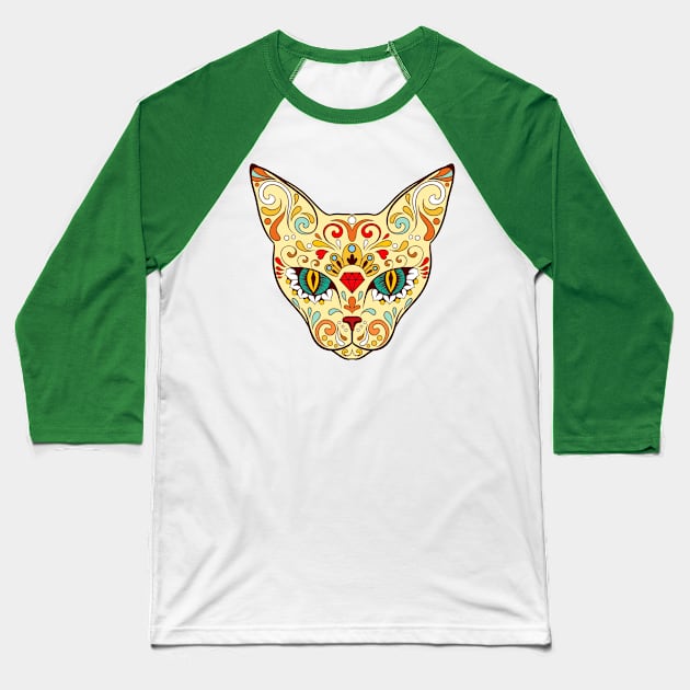 Sugar Skull Cat Baseball T-Shirt by pickledpossums